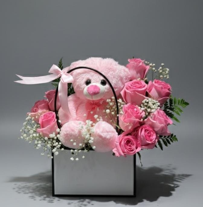 Pink Teddy & Pink Rose Flower Box 💗🧸