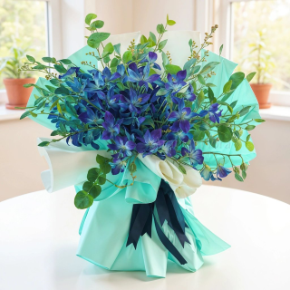 Mint Bloom: Bold Blue & Violet Bouquet in Pastel Wrap 💙💜