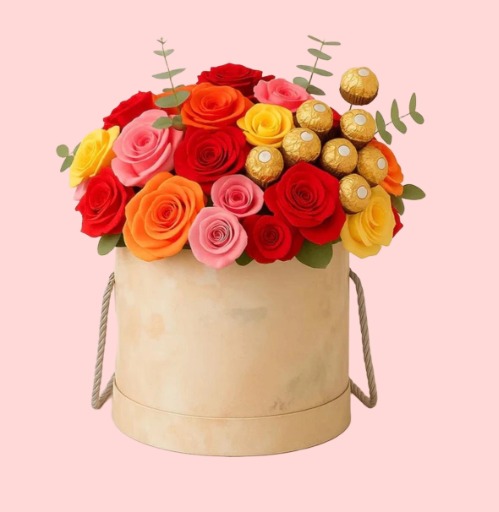 🌸 Mixed Floral & Chocolate Cylinder Arrangement
