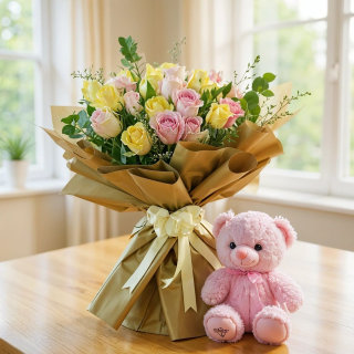 Pastel Heart: Yellow-Pink Rose & Teddy Gift Set 💛🌸🐻