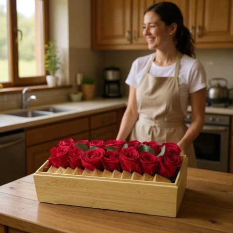 Wooden Box of Fresh Red Roses - Image 3