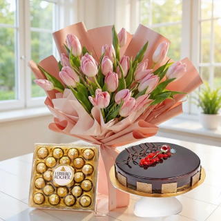 Tulip Indulgence: Blush Bloom & Dessert Celebration Set 🌷🍫🎂