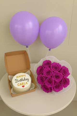 Purple Roses & Balloons with Bento Cake