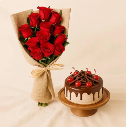 🍒 Rustic Romance Cake & Rose Duo