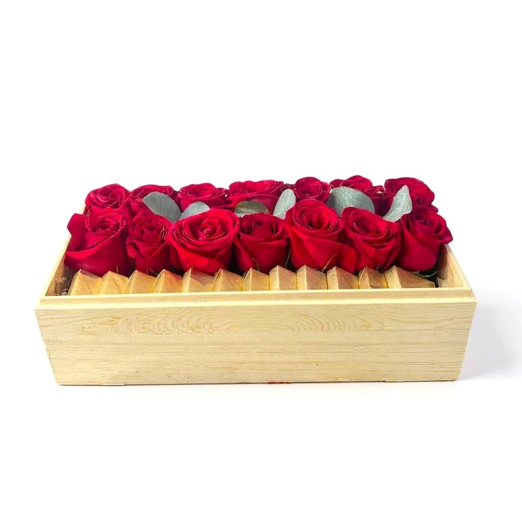 Wooden Box of Fresh Red Roses
