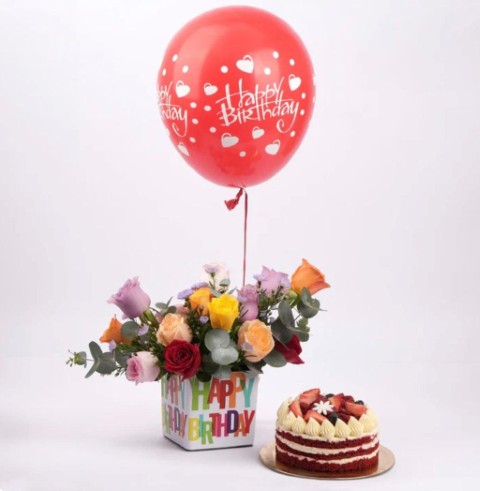 🎉 Birthday Balloon, Floral & Cake Trio