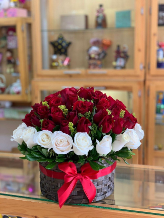 Luxury Basket of Red & White Roses 🎀