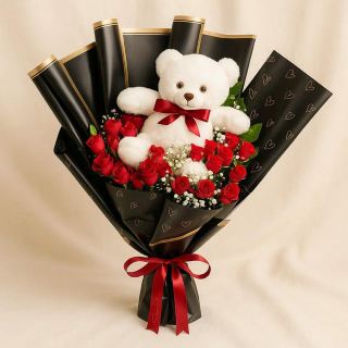 The Bear Hug Bouquet: Roses, Baby's Breath & Teddy