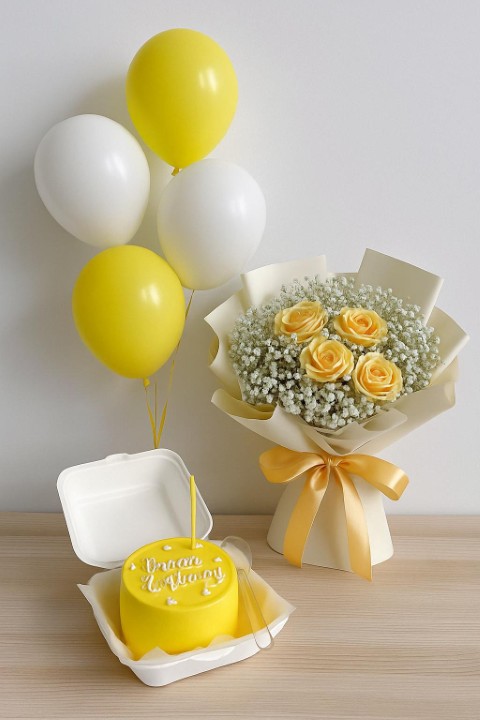 Yellow Celebration Gift Bundle – Cake, Flowers & Balloons