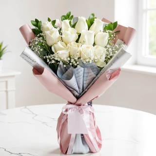 Pearl Blush: White Rose Elegance with Printed Wrap 🤍🌸