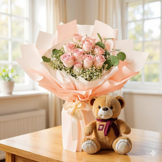 Rosé Whisper: Soft Pink Rose & Teddy Keepsake Bundle 🧸🌸