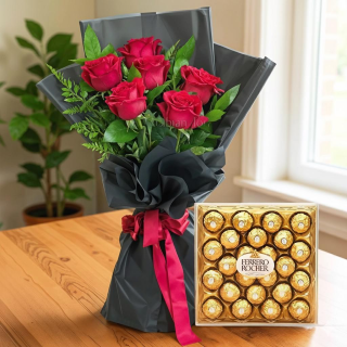 ❤️ Midnight Romance – 6 Red Roses & Ferrero