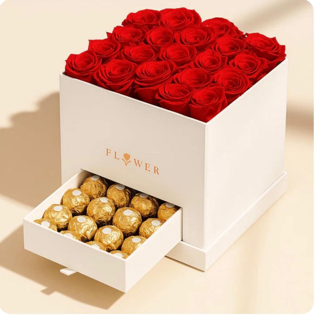 🌹 White Rose & Chocolate Drawer Box