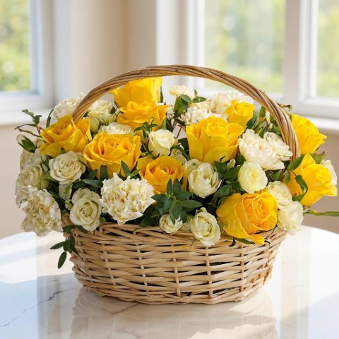 🧺 Sunny Yellow Rose & White Basket
