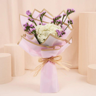 Pastel Harmony: White Hydrangea & Purple Statice Bouquet
