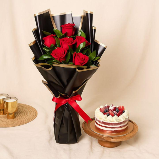 The Romantic Indulgence Duo: Half-Dozen Roses & Berry Cake