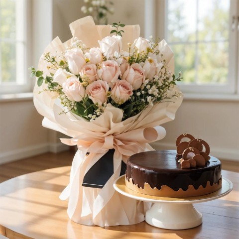 🌸 Blush Harmony – Pink Roses & Ganache Cake