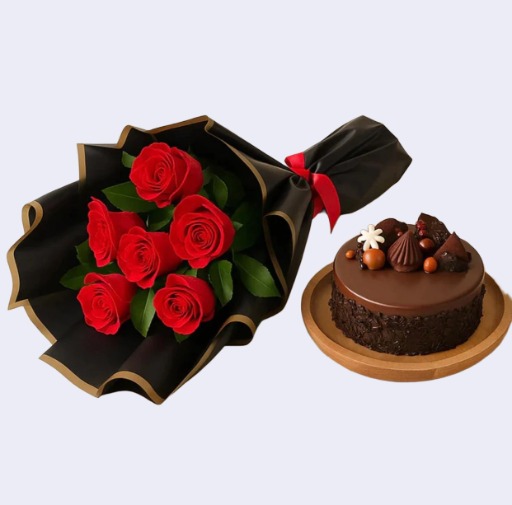 🍰 Red Rose Bouquet & Chocolate Cake Combo