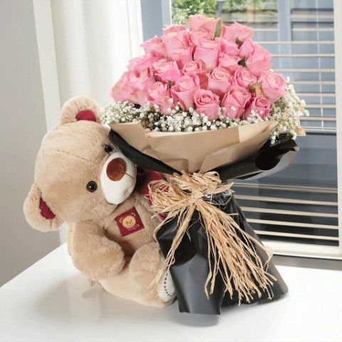 🧸 Bear Hug Blooms – Teddy & Pink Rose Bouquet